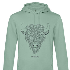Kvalitná, pohodlná, zateplená unisex mikina s vreckami a kapucňou v sivozelenej farbe z neskutočne skutočných Polonín.